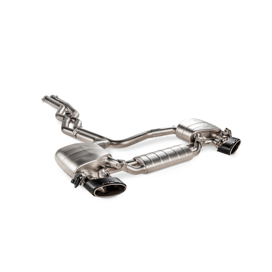 Akrapovič product shot showcasing the Evolution Line (Titanium) exhaust system, highlighting its high-grade titanium construction and precision engineering.