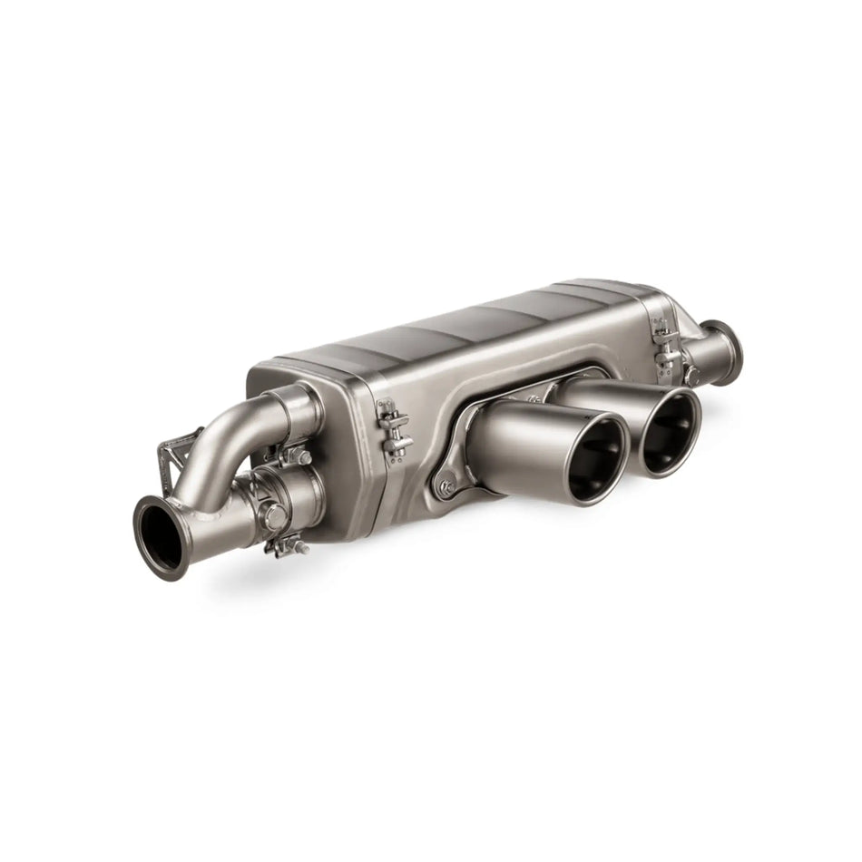 Akrapovič Slip-On Race Line Titanium Performance Exhaust System for Porsche 911 GT3 (992), featuring lightweight titanium construction and twin tailpipes.