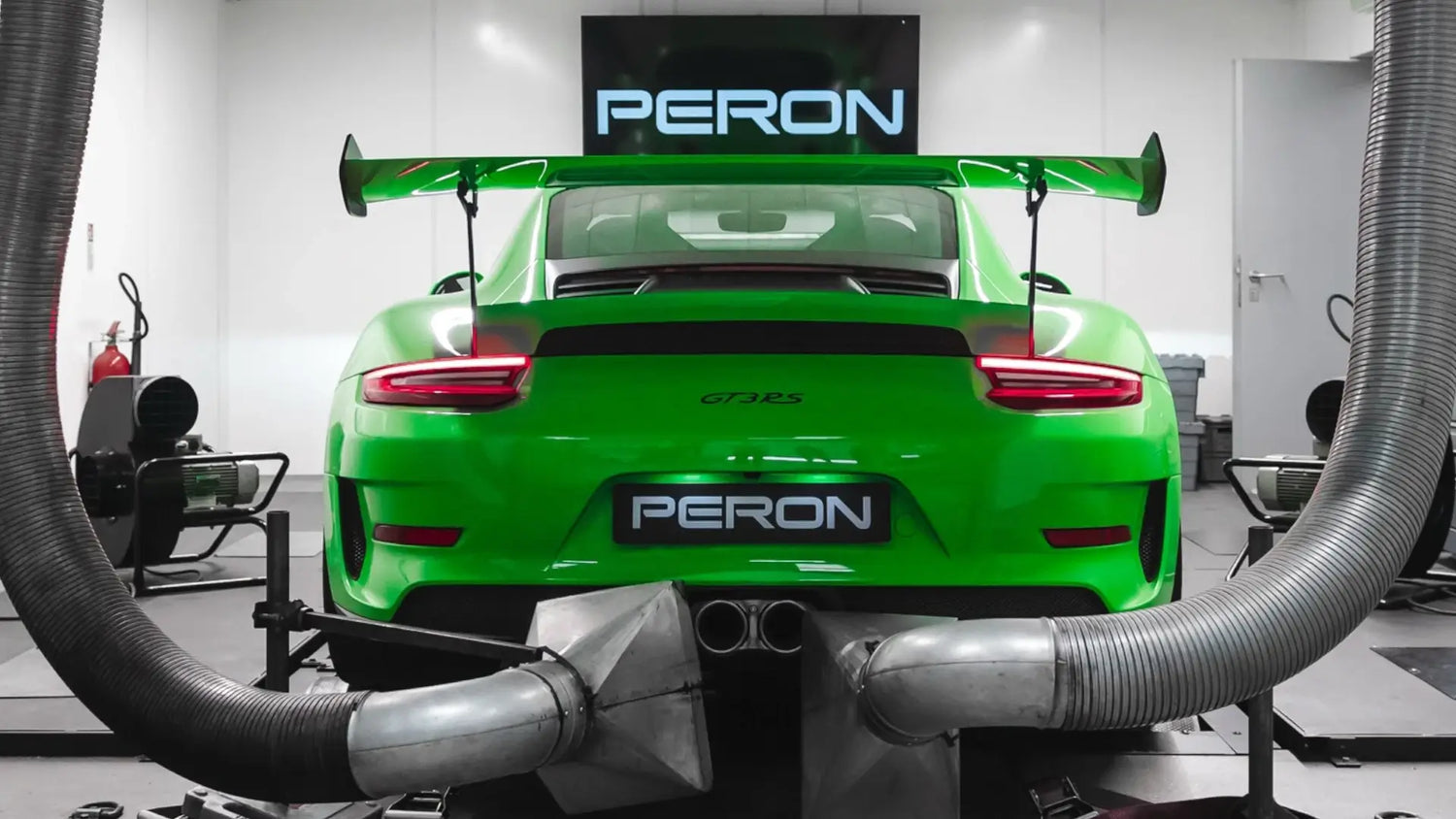 Porsche 991.2 GT3 RS on the in-house Dynojet 424x Linked Dyno Cell, featuring Akrapovic exhaust during performance testing and tuning by PERON Automotive.
