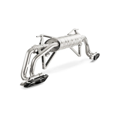 Akrapovič product image showcasing the Slip-On Line (Titanium) exhaust system designed for the Audi R8 5.2 FSI, highlighting its precision-engineered titanium construction.