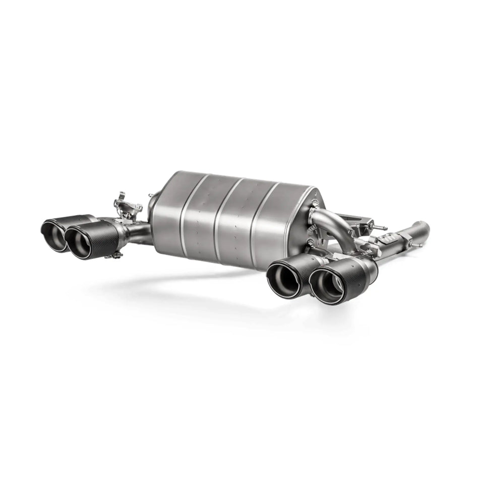 Akrapovic performance exhaust product shot for the F87N BMW M2, showcasing advanced engineering and design excellence.