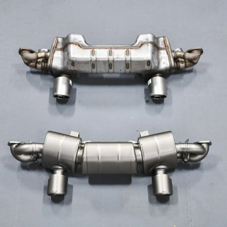Side-by-side comparison showcasing the Akrapovic Slip-On Race Line system next to the stock exhaust for the Porsche 718 Cayman GT4 RS.