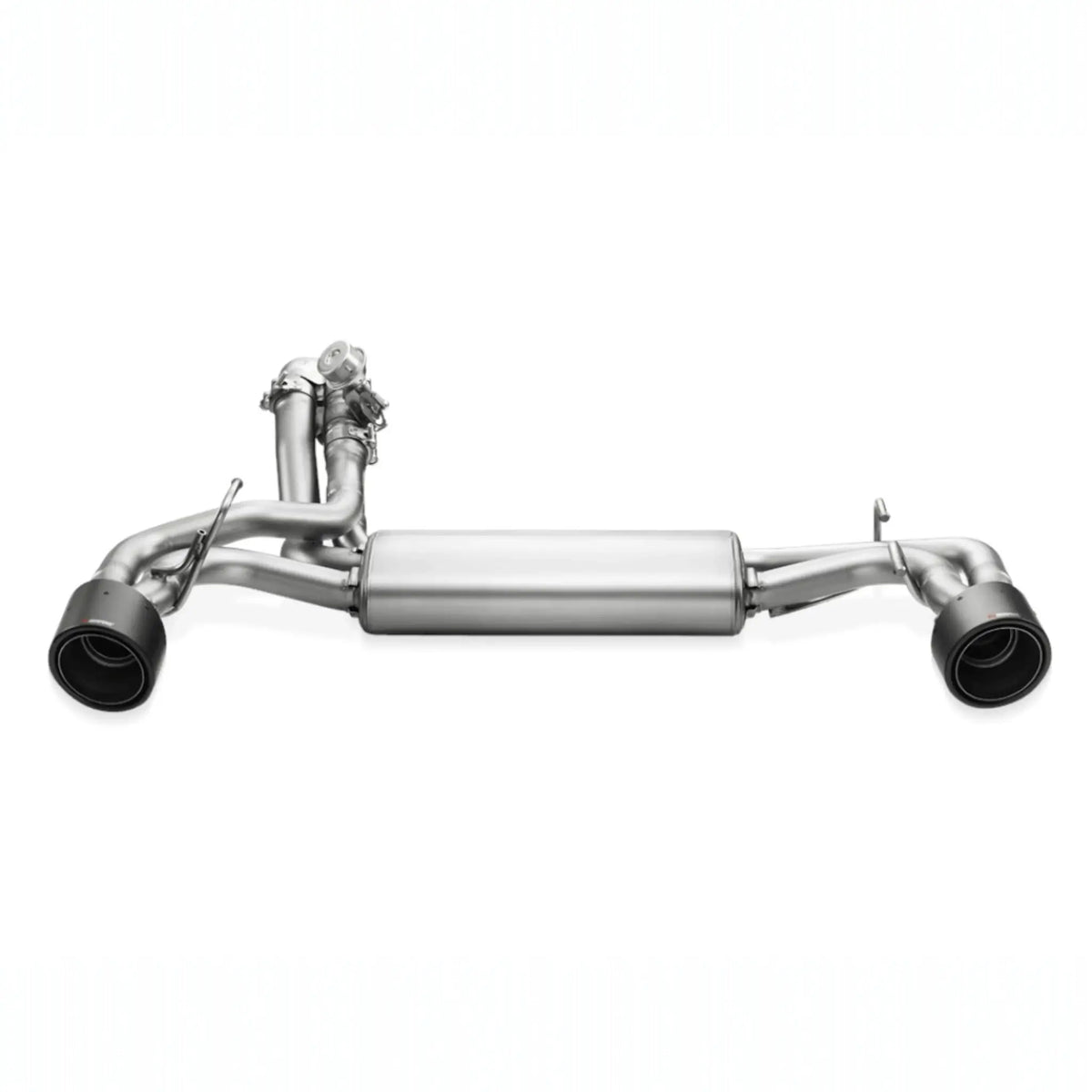 High-quality Akrapovič product shot showcasing the precision engineering of the stainless steel Slip-On Line exhaust system.