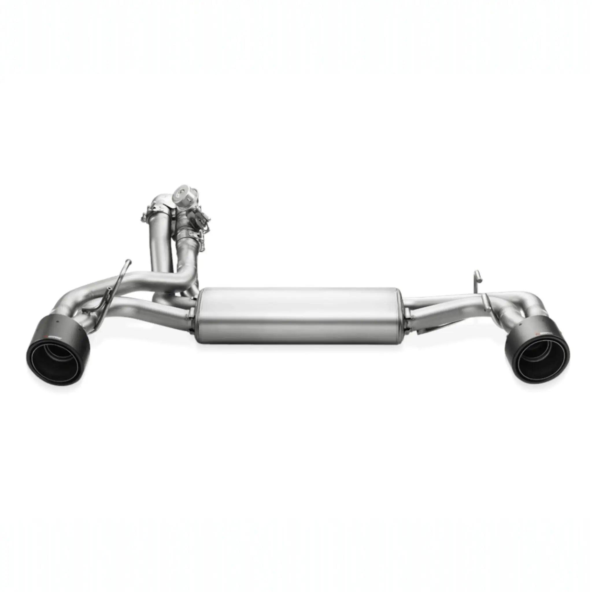 High-quality Akrapovič product shot showcasing the precision engineering of the stainless steel Slip-On Line exhaust system.