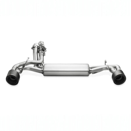 High-quality Akrapovič product shot showcasing the precision engineering of the stainless steel Slip-On Line exhaust system.