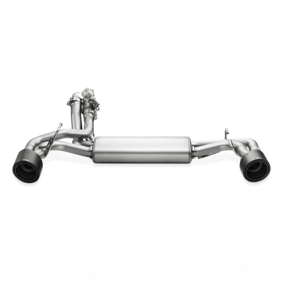 High-quality Akrapovič product shot showcasing the precision engineering of the stainless steel Slip-On Line exhaust system.