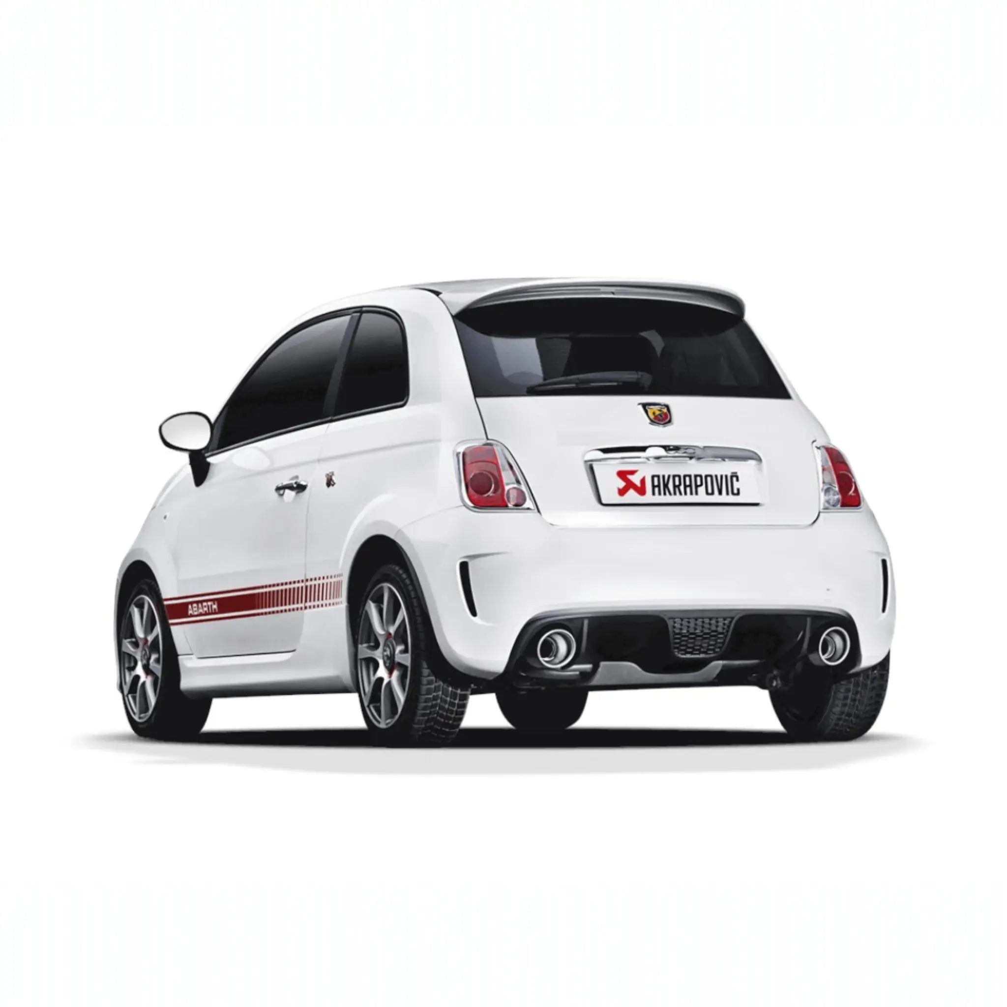 Rear angle of Abarth 500C highlighting the installed Akrapovič exhaust system and its seamless integration with the vehicle's design.