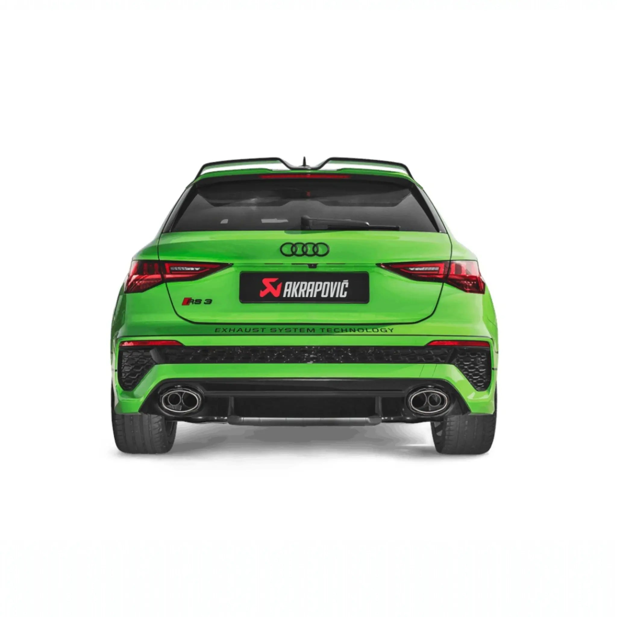 Straight-on rear shot of the Audi RS 3 Sportback featuring the Akrapovič Evolution Line (Titanium) exhaust system, with carbon-fibre tailpipes complementing the vehicle’s performance-focused aesthetics.