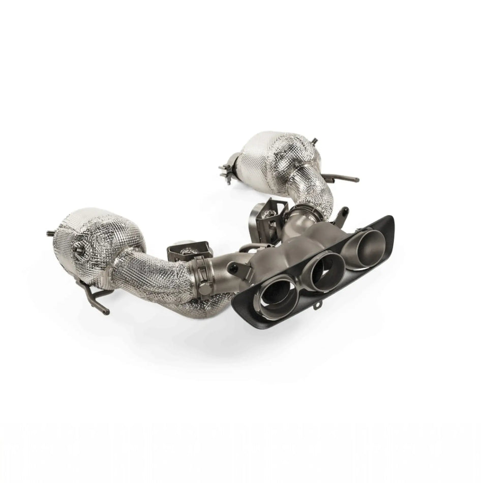 Akrapovič Slip-On Race Line (Titanium) performance exhaust system for Ferrari 296 GTB, showcasing lightweight titanium construction and premium design features.