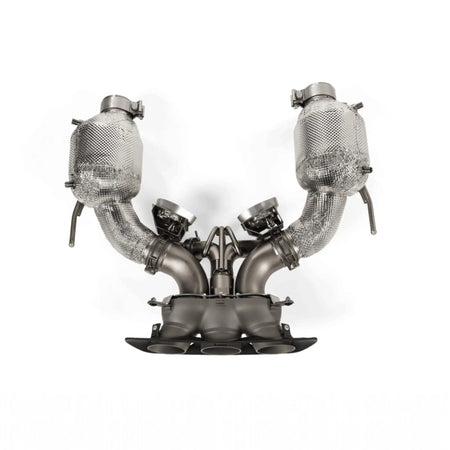 Top-down view of the Akrapovič Slip-On Race Line (Titanium) performance exhaust system, highlighting its advanced design, titanium muffler, and 3D-printed tailpipes.